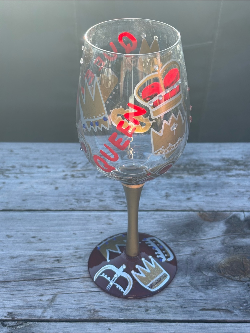 Decorative 'Queen' Crown Wine Glass - Gold Stem, Red Accents